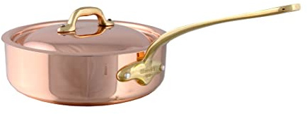 Mauviel M'Heritage 150 B 1.5mm Polished Copper & Stainless Steel Saute Pan with Lid, and Brass Handles, 3.3-qt, Made in France