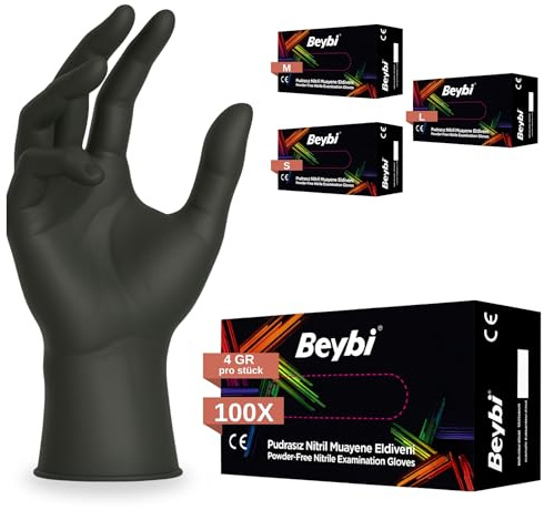 BEYBİ®️ Nitril 3.5 Einweghandschuhe 100 St/Box, Blau/Schwarz Nitrilhandschuhe S, puderfreie & latexfreie Einmalhandschuhe, Handschuhe in Gr. S, M, L (Schwarz, S)