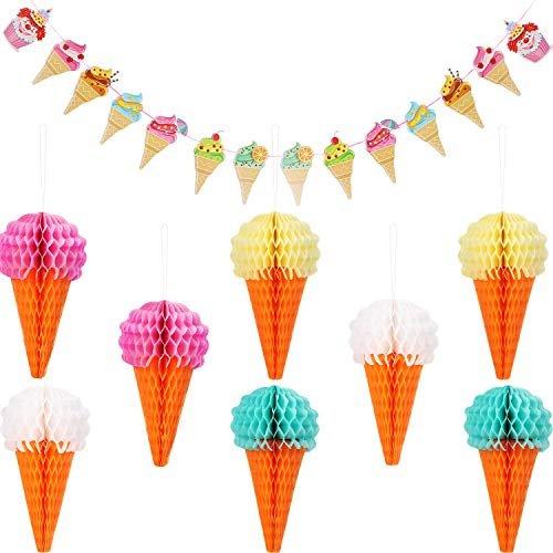 Maitys 9 Pieces Hanging Ice Cream Honeycomb Balls Ice Cream Tissue Paper Party Decorations Banner Ceiling Sign Decor for Wedding Birthday Summer Party Favor Birthday Table Centerpieces