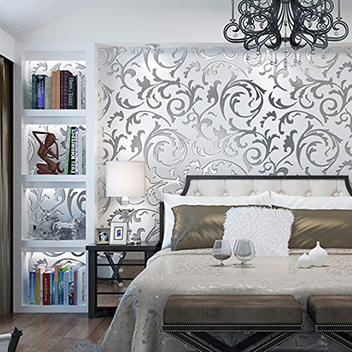 Q QIHANG Modern Minimalist 3D European Style Palace Acanthe Leaves Flowers Non-Woven Wallpaper Living Room Bedroom TV Background Wall 20.87 Wx393.7 L Non-Pasted (Gray)