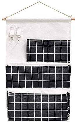 Zefeng Bolsas de Almacenamiento Colgantes Impermeables, Bolsa de Almacenamiento Colgante Pared, Tela Lino Colgando Organizador, 5 Bolsillo y 2 Ganchos, para Baño, Dormitorio y Cocina (Negro)