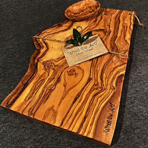 What the Art!® Olive Wood «Half Rustic» Gr. XL | Olivenholz Schneidebrett + Dip-Schälchen | Handarbeit | ca. 40 x 17-22 x 2 cm | Käsebrett - Servierbrett - Brotzeitbrett - Vesperbrett