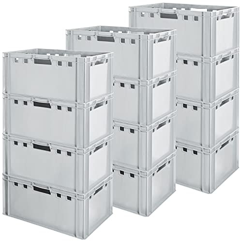 12 Stück E3 Fleischkiste Kiste Eurobox Lebensmittelecht Metzgerkiste Box Aufbewahrungsbox Kunststoff Wanne Plastik Stapelbar Lagerkiste 60 x 40 Grau Kingpower