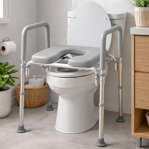 Il sedile WC rialzato Ultimate™, votato #1 più confortevole, imbottito con braccioli, altezza regolabile, sedile WC rialzato di alta qualità con braccioli per WC standard e allungati.