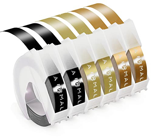 Prägeband Kompatibel mit Dymo Prägegerät Etiketten 9mm Omega Etikettenband 3D Kunststoff Vinyl-Prägeetiketten Schwarz/Gold/Champagner Gold Kompatibel mit Dymo Omega und Junior Prägegerät, 6 Rollen