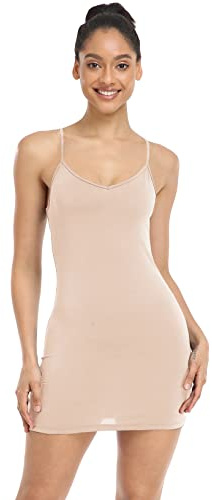 Qaffier Women's Basic Adjustable Spaghetti Strap Cami Slip Mini Dress Nude Medium
