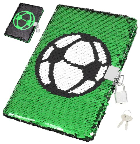 Fußball-Tagebuch für Jungen, mit Schloss und Schlüssel, Pailletten-Tagebuch, wendbar, Kinder-Fußball-Muster, Notizblock, linierte Seiten, Tagebuch für Mädchen, Jungen, Sport