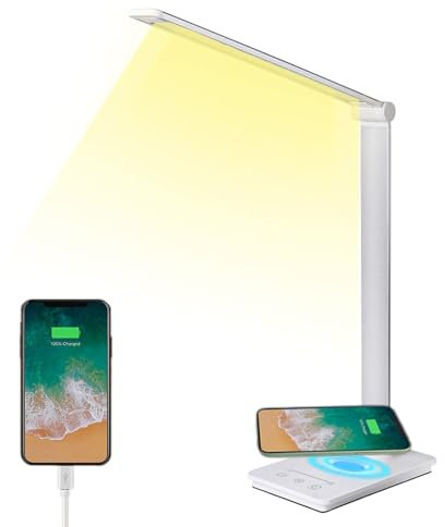 Tischlampe, Schreibtischlampe Büro 5 Farb und Stufenloses Dimmen Tischleuchte mit Wireless Ladegerät und Timmer Nachttischlampe Memory-Funktion Augenfreundliche Leselampe für Arbeit Lernen weiß