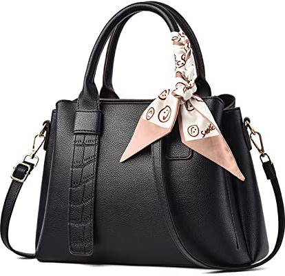 NICOLE & DORIS Damen Handtasche Modern Schultertaschen PU Leder Henkeltasche Elegante Frauen Umhängetasche Satchel Handtasche Shopper Tote Bag mit Seidentuch Schwarz