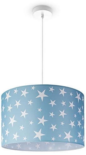 Paco Home Pendellampe Kinderzimmer Pendelleuchte Baby Lampenschirm Stoff Rund Wolken Himmel Sterne Kinderlampe E27