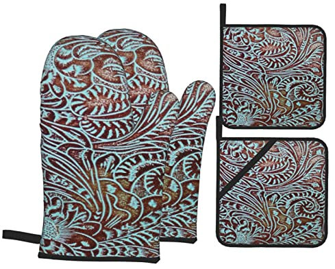 Gants De Four Rustique Western Country Aqua Brown Cowgirl Cowboy Style Anti Chaleur Gant Barbecue avec Maniques Gants De Cuisine pour Cuisson Femmes Barbecue