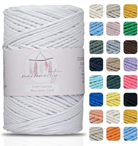 Makromecity, Baumwolle Makramee Garn 2mm x 180m Weiß Recycelte Baumwolle zum Häkeln Cotton Macrame Cord für Handwerk Wohndekorationen Platzteller Umhängetasche Häkeltaschen Runner