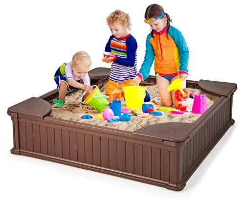 GOPLUS Sandlåda för barn, 123,5 x 123,5 cm, sandlåda med väderbeständigt skydd och klädselduk med hål, sandlåda med 4 sittbänkar, för barn från 3 år, för trädgård, bakgård och park, brun