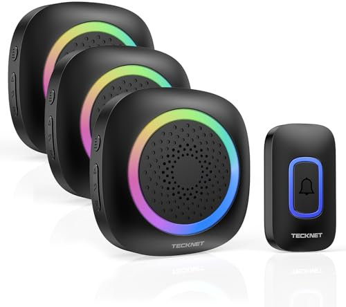 TECKNET Funkklingel, Kabellose Türklingel mit RGB Licht, IP66 Wasserdicht Außen Funkklingel Batteriebetrieben, 400m Reichweite, 60 Melodien, Funk Klingel Haustür Kit mit 4,5 Jahre Lebensdauer