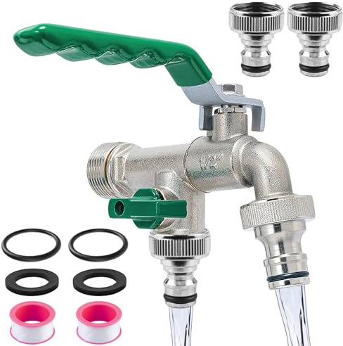 Doppel Auslaufhahn, 1/2 Zoll Wasserhahn Garten, Hochwertigem Messing Gartenwasserhanhn, Rost- und Frostschutz, mit Schlauchanschlüsse, Rollendichtband,Doppelanschluss und Schlauchtülle