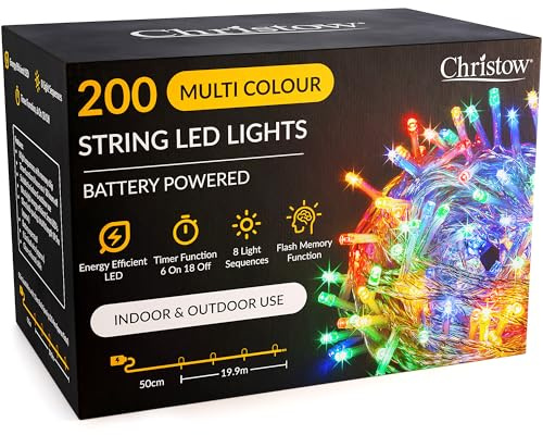 CHRISTOW Christmas Fairy Lights Battery Operated, Multi-Coloured LED String Lighting with Timer, Indoor & Outdoor, 8 Light Modes Flashing & Static Glow, Clear Cable (200 LED / 20m Lit Length)