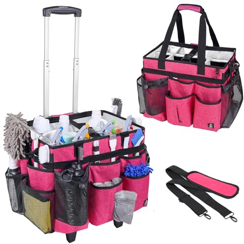 Timoxi Extra large Rolling Cleaning caddy bag Built-in Hard Support Board,Cleaning Cart with Detachable Trolley, Housekeeping Cleaning caddy with Adjustable Shoulder Strap and Multiple Storage Pockets