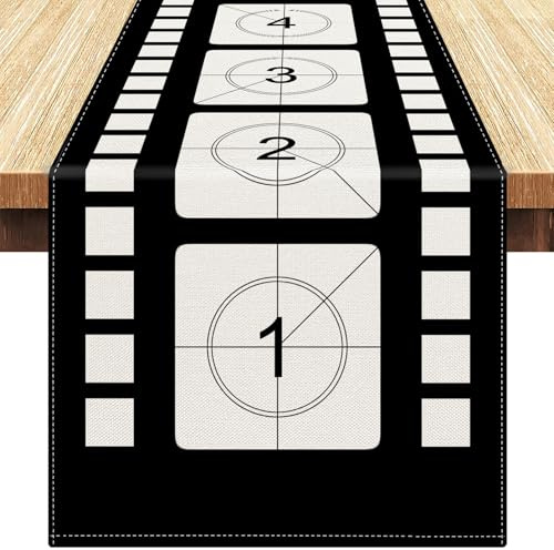 Camino de Mesa para Noche de Cine 33 x 183 cm Camino de Mesa con Tiras de Película Impresas,Decoración de Carretes de Película,Mantel con Temática de Película,Decoraciones para Cocina, Fiesta de Cine
