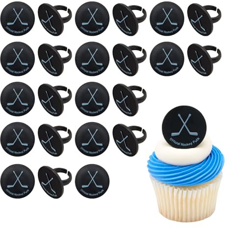 DecoPac Eishockey-Ringe, Eishockey-Puck-Cupcake-Dekorationen, Hockey-Cupcake-Topper, schwarz, lebensmittelecht & gebrauchsfertig - 24 Stück
