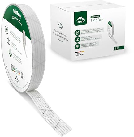 ALMO 4x doppelseitiges Montageklebeband 20mm x 50m Montageband für Dampfbremsen & Dampfsperren, starke Klebkraft mit reißfester Folie, ersetzt Tackern, einfache und sichere luftdichte Montage