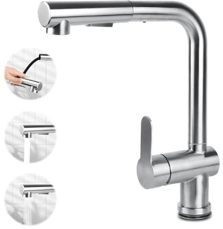 TOSAVGA Hochdruck Wasserhahn Küche Ausziehbar, Spültischarmatur mit Brause Zwei Wasserstrahlarten, Mischbatterie Küche 360° Schwenkbar, L Form Einhebel Spültischarmatur Edelstahl Gebürstet