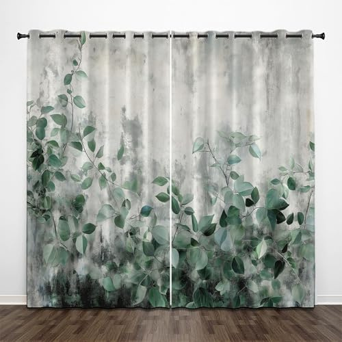 CEDNXOER Grau Vorhänge Blickdicht Aquarell Pflanzen Vorhang 2er Set H 175 x B 140 cm, Ultra Soft Verdunklungsvorhänge mit Ösen Thermovorhang Reben Blätter Gardinen für Schlafzimmer Küche