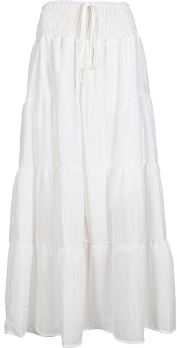 Women White Maxi Skirt Drawstring Elastic High Waist A-Line Pleated Summer Boho Beach Long Skirts (S, White)
