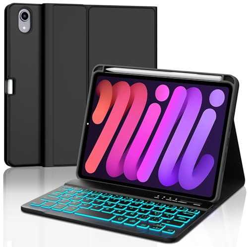 Occtingkind Funda con Teclado para iPad Mini 7 8.3 Pulgadas 2024 | [Español] Retroiluminado 7 Colores Bluetooth Magnéticamente Teclado con Funda Delgada para iPad Mini 7/6 2024/2021, Negro