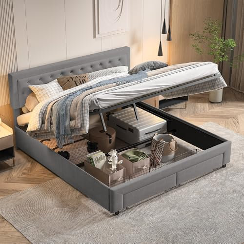 Julyue Bett mit Stauraum 160x200 cm Polsterbett Doppelbett mit 2 Schubladen Hydraulisches Stauraumbett Jugendbett Bettgestell mit Lattenrost, Ohne Matratz, Samt (Grau, 160x200 cm)