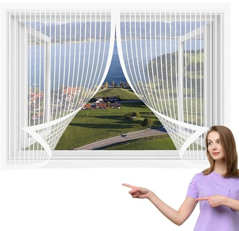 Mosquiteras para Ventanas Abatibles 116 x 180 cm sin Taladrar Cortinas Magneticas con Cierre Automático Transpirable y Anti-Mosquitos para Habitación Salón Ventanas, Blanco