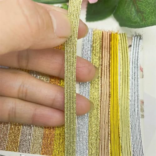 Venta al por mayor de 6 mm de cinta elástica brillante dorada y plateada de colores para coser, banda de goma Fiat, banda elástica para cintura, cinta elástica con purpurina de 7-6 mm, 144 yardas (1