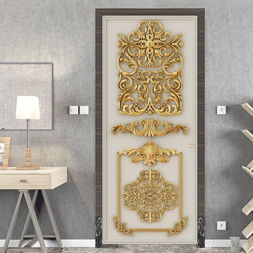 Türtapete Selbstklebend Türfolie Goldenes Muster im europäischen Stil Türaufkleber Wandbild PVC Türtattoos Türposter Fototapete für Wohnzimmer Schlafzimmer Küche Toilette Türdeko 90x200 cm