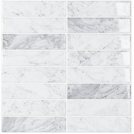 VEELIKE Azulejos Adhesivos Cocina Mármol Gris y Blanco Brillante 3D Baldosas Adhesivas Pared Cocina Pared Trasera Rectangulares Vinilos Baño Azulejos Lavanderías Extraíble 30,5 cm x 30,5 cm 6 Piezas