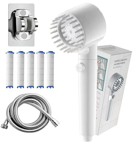 Doccino Filtrante, Doccino per Doccia con 5 Filtri di Ricambio, Soffione Doccia ad Alta Pressione, 4 Modalità di Getto, Tubo Flessibile 1.5m (white)