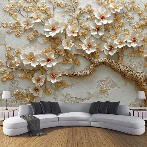 Carta Da Parati Lusso Foglie Dorate 350× 256cm Wallpaper Carta Da Parati Murale 3D, Petali Piante Fotomurali Moderni Per Soggiorno E Camera Da Letto, XXL Decorazione Murale 3D, Bianco