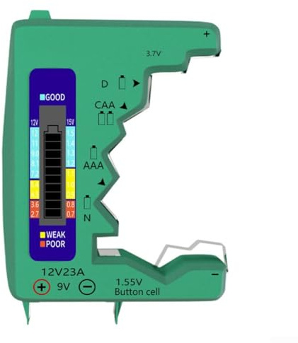 GLFLOW Herramienta de diagnóstico de batería de 9 V, probador digital de capacidad de batería con pantalla LCD, para baterías AA AAA C D N 9V SR44 LR44 diseño compacto plateado