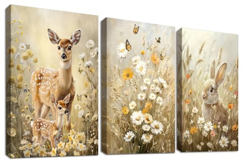 Set med 3 påskhare kaninramat kanin kaniner hjort sika målning canvasbilder vilda blommor fält moderna bilder sovrum vardagsrum väggdekor 30 x 40 cm x 3 st