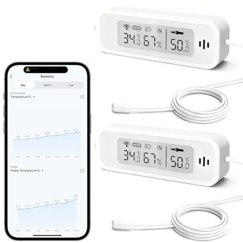WIOONI WLAN Kühlschrankthermometer, Digital Temperatur und Luftfeuchtigkeitsmesser mit App, LCD-Display, Tuya/Smart Life Kompatibel, für Gewächshaus, Gefrierschränke, Aquarium, 2 Pack