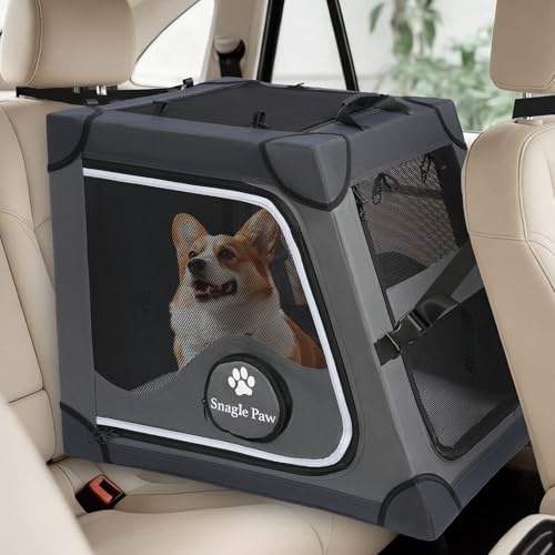Snagle Paw Faltbare Transportbox,Stabiler Transportbox Hund Rückbank mit Kopfstützen-Gurt, Metallrahmen Reisebox für die Autorückbank für Mittel/große Hunde, Hundebox Mit Netztüren & Weiche Polsterung
