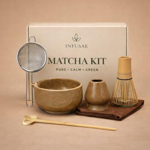 Matcha Whisk Set, 7-Piece Matcha Tea Kit – Green Ceramic Matcha Bowl (Chawan) with Spout, Bamboo Chasen & Scoop – Matcha Making Set for Latte, Gift for Matcha Lovers (Desert Sand)