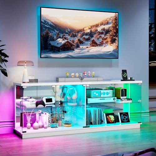 2-Lagen Holz Glasvitrine LED Beleuchtung und Glastüren für Wohnzimmer | Glas Vitrinenschrank,TV Schrank mit Intelligente Sensorik,Weiß