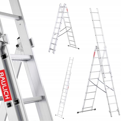 Baulich – Multifunktionell Aluminiumstege 3-i-1 – Trappstege, Anliggande Stege – Utdragbar – 3x9 (steg) Mångsidig, Hopfällbar, upp till 150kg, för Arbete i hus och Trädgård, Lätt 12,5kg, Silver