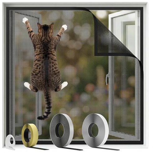 BKSAI Katzennetz Fenster ohne Bohren, Katzensichere Fliegengitter 100x130cm | Verstärkte Katzenfeste Katzengitter, Katzen Fensterschutz, Katzenschutz für Balkon Dachfenster, Zuschneidbar