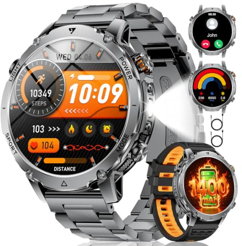LIGE Smartwatch Uomo 1400mAh Batteria Lunga,1.7 Smart Watch Militare con Torcia LED,Chiamata Bluetooth,120+ Sport,5ATM Impermeabile,Frequenza Cardiaca,Android iOS,2 Caricabatterie, EF24-C