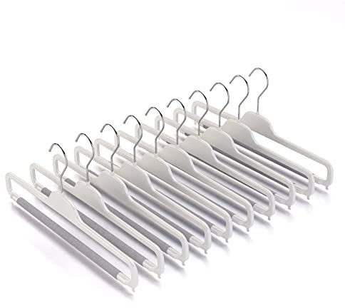 Mainetti Appendini per Pantaloni, Jeans, Uomo Donna, Grucce in Plastica, Sottili, Salvaspazio, con Barra Porta Pantaloni in Spugna Antiscivolo, Set di 10 pezzi, Bianco Lucido con Gancio Zincato, 38cm