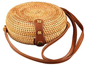 Ulisty Rund Rattan Tasche Kreis Korbbeutel Strohbeutel Handgefertigte Weben Korb Handgewebte Tasche Sommer-Strandtasche Schultertasche Umhängetasche für Damen/Frauen