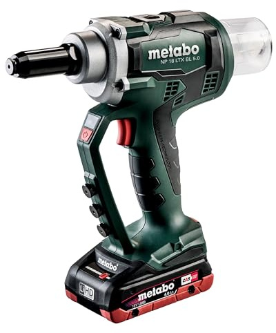 metabo Akku-Blindnietpistole NP 18 LTX BL 5.0, 18V Nietgerät & 10000 N | Bürstenloser Motor für Niete bis 6 mm, Inkl. 2x 4.0Ah LiHD Akku, Ladegerät, 8 Mundstücke, Gürtelhaken und metaBOX 145 L
