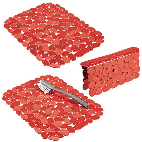 mDesign Adjustable Dish Drying Mat/Grid - Soft Plastic Sink Protector, Cushions Sinks & Dishes - Quick Draining Pebble Design - Set of 3 - Red