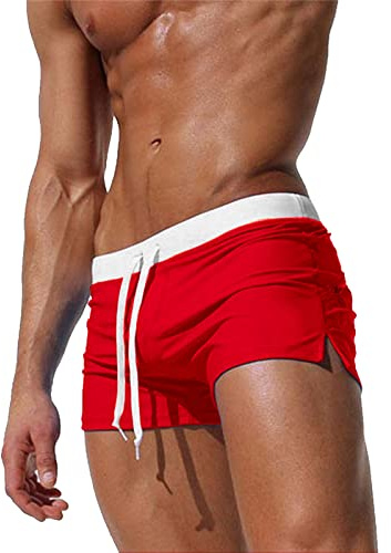 Herrbadbyxor snabbtorkande badshorts justerbar dragsko boxershorts badkläder bräda shorts med dragkedja bak, Röd, XL