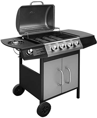 yorten Gasgrill 4+1 Brenner Edelstahl, Gasgrill mit Rollen, Integriertes Thermometer, Schwarz und Silbern 104 x 55,4 x 97,7 cm Inklusive Grillabdeckung